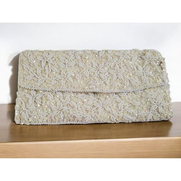 Vtg Handmade Emson Sequin and Beaded Ivory Clutch Made in Hong Kong 9x5 - Picture 1 of 16